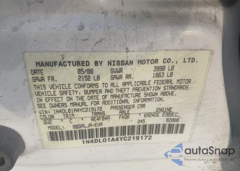 2000 Nissan Altima из США, поврежденный, VIN 1N4DL01A4YC219172